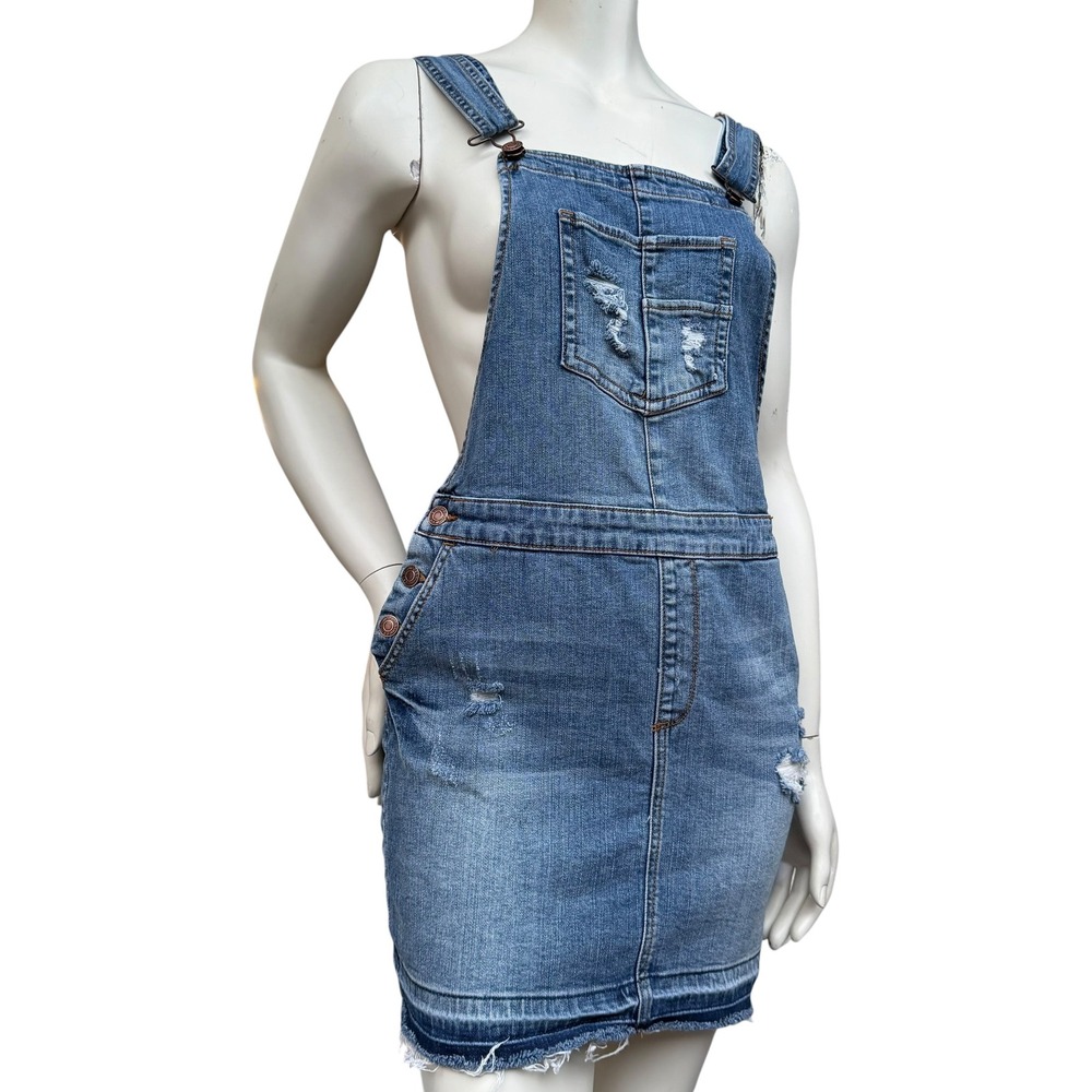 Maurices Denim Overall Dress Y2K Cowgirl Distressed Raw Hem Pinafore Blue XS